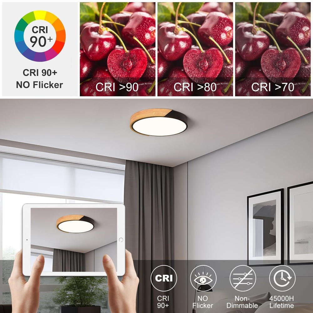 Vikaey Modern LED Ceiling Light, Minimalist Wood Flush Mount Ceiling Light Fi...