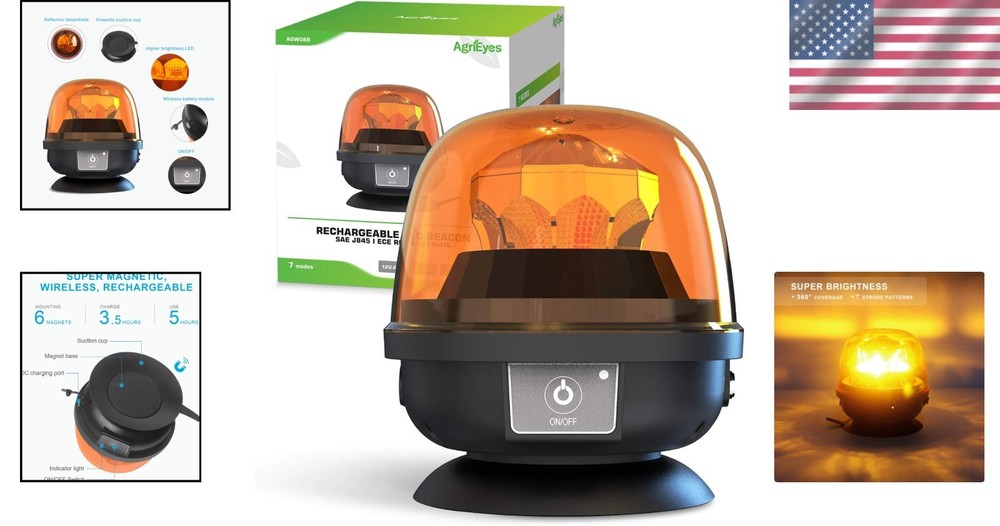 Rechargeable Magnetic Amber Strobe Light - Quick Install for Vehicles & Trailers