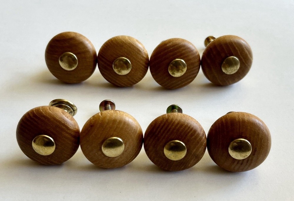 8 Wood and Brass Drawer Pulls Knobs 1 3/8 Inch