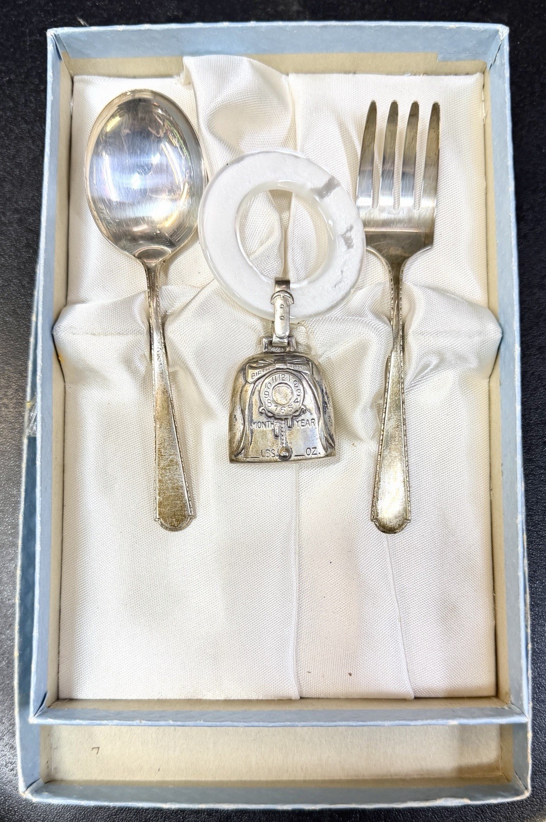 WEB Sterling Silver .925 3pc Set Baby Rattle Teething Ring Birth Spoon Fork Set