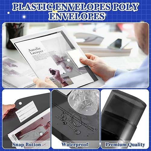 50 Pcs Plastic Envelopes Poly Envelopes File Folders with Snap Button Black