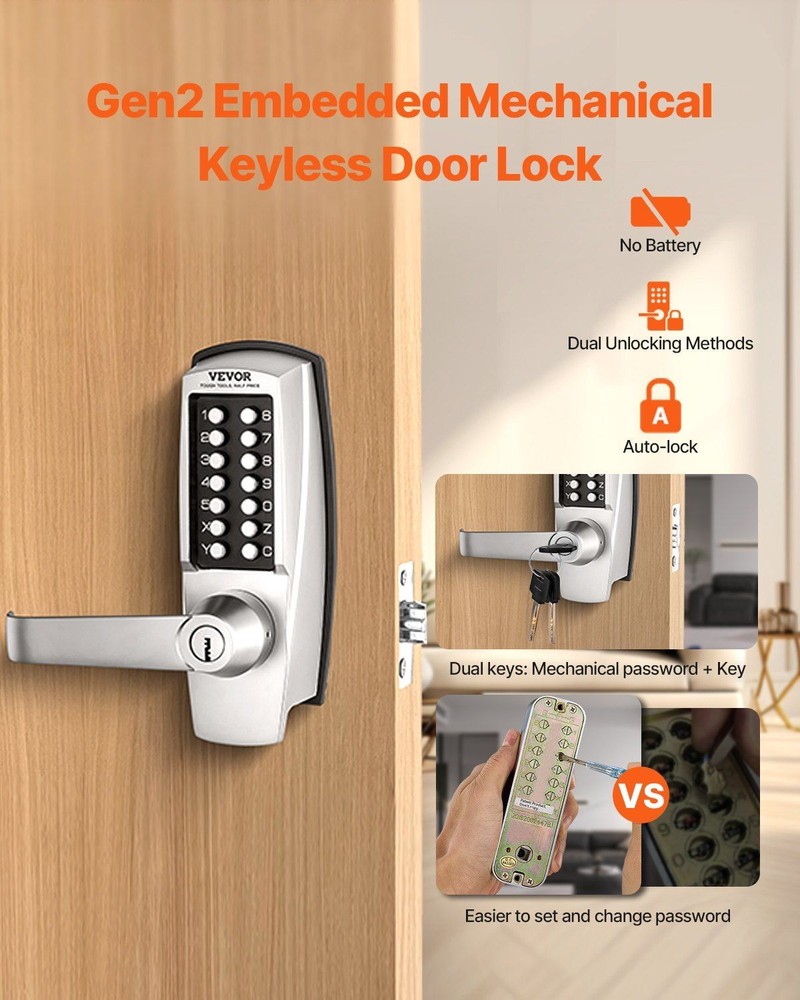 Waterproof Keyless Mechanical Lock, 14-Key Keypad Entry with Stainless Handle