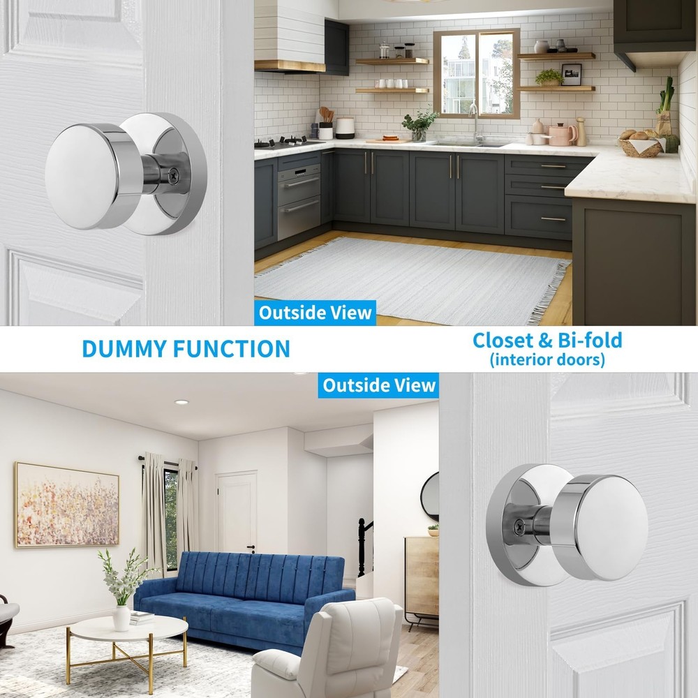 2 Pack Polished Chrome Dummy Door Knobs Interior, Modern Round Dummy Door Han...