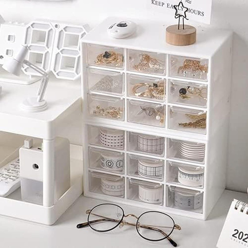 Mini Drawer Organizer Transparent Wall Mountable 9 Compartment Plastic Storage