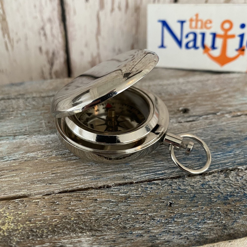 Silver Finish Brass Push Button Compass - Pocket Style - Nautical Navigation