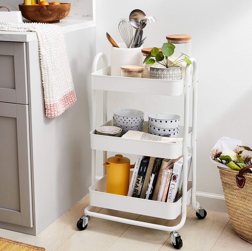 3-Tier Rolling Utility Cart, Storage Organizer, Lockable Wheels, Multifunctio...