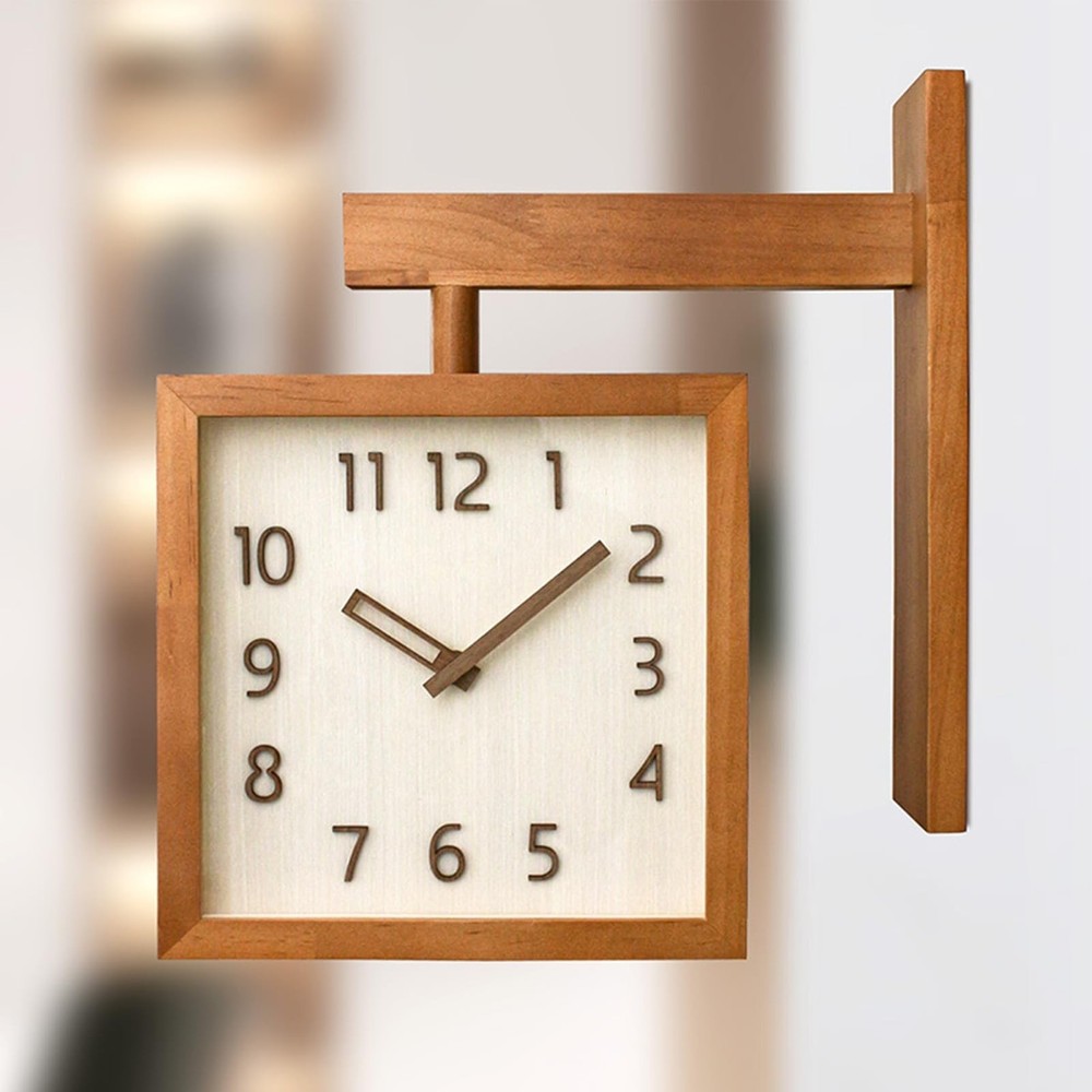 Wall Clock, Simple Silent Wall Clock, Square Double Sided Clock Wooden Decora...