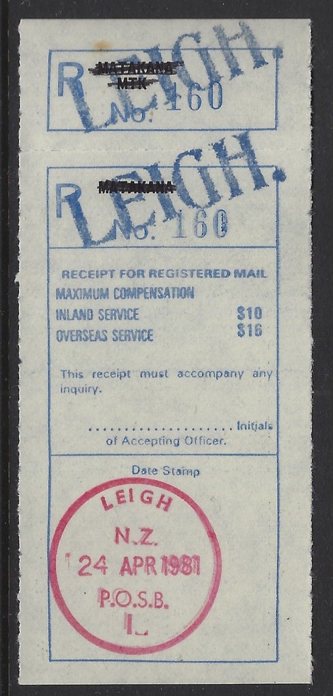 NZ Registration Receipt & label Leigh 1981