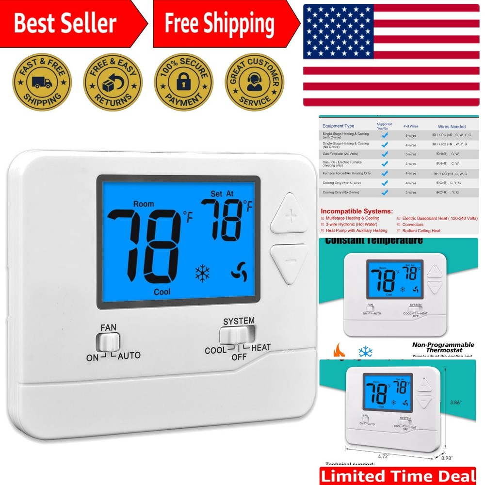 Smart Non-Programmable Thermostat with LCD Display for Home Heating & Cooling