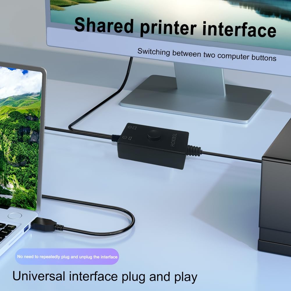 Printer Cable Splitter 2-in-1 Share One Printer for Two Computers USB Compatible