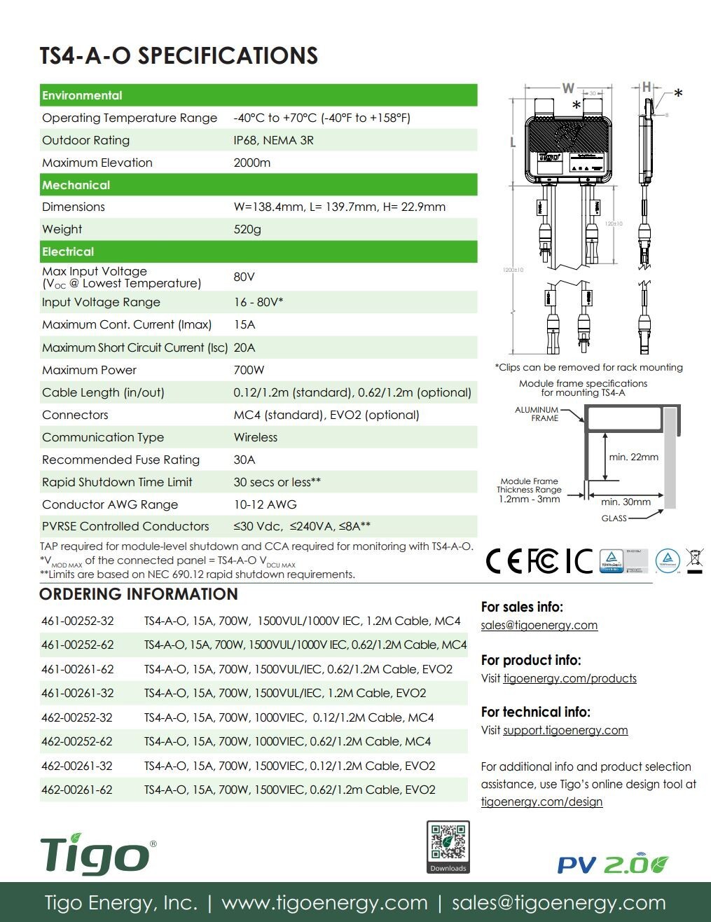 Tigo TS4-A-O Module Add-On Rapid Shutdown, Optimization 700W, 1500V UL/1000TUV