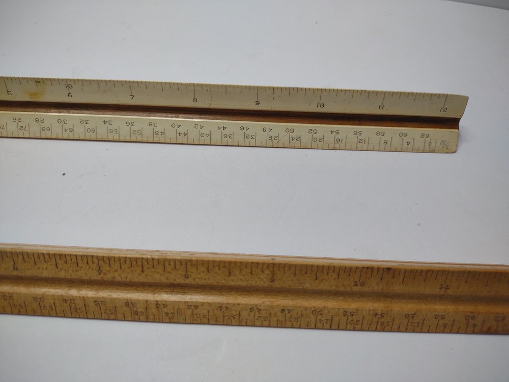 2 Vintage Triangle wood 12" rulers for drafting, architecture, engineering