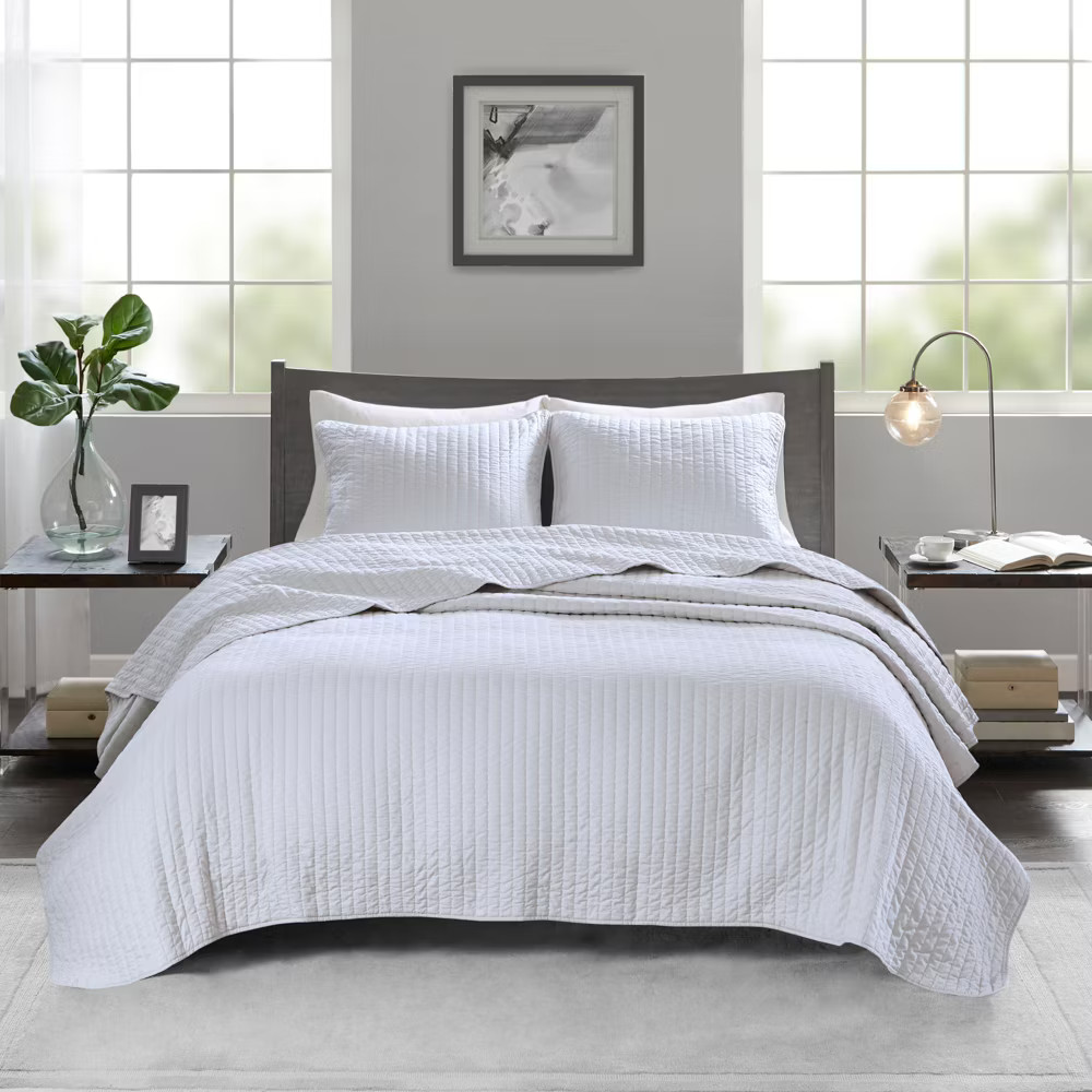 White Khaki Mitchell Solid Brushed Fabric Quilt Set Full/Queen 3pc