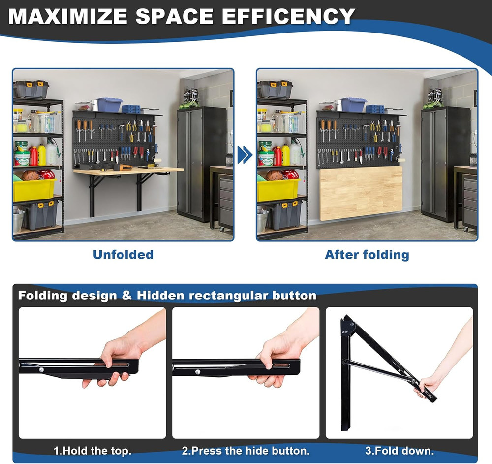 Wall Mounted Workbench with Pegboard, Folding down Work Table Metal Pegboard Wal