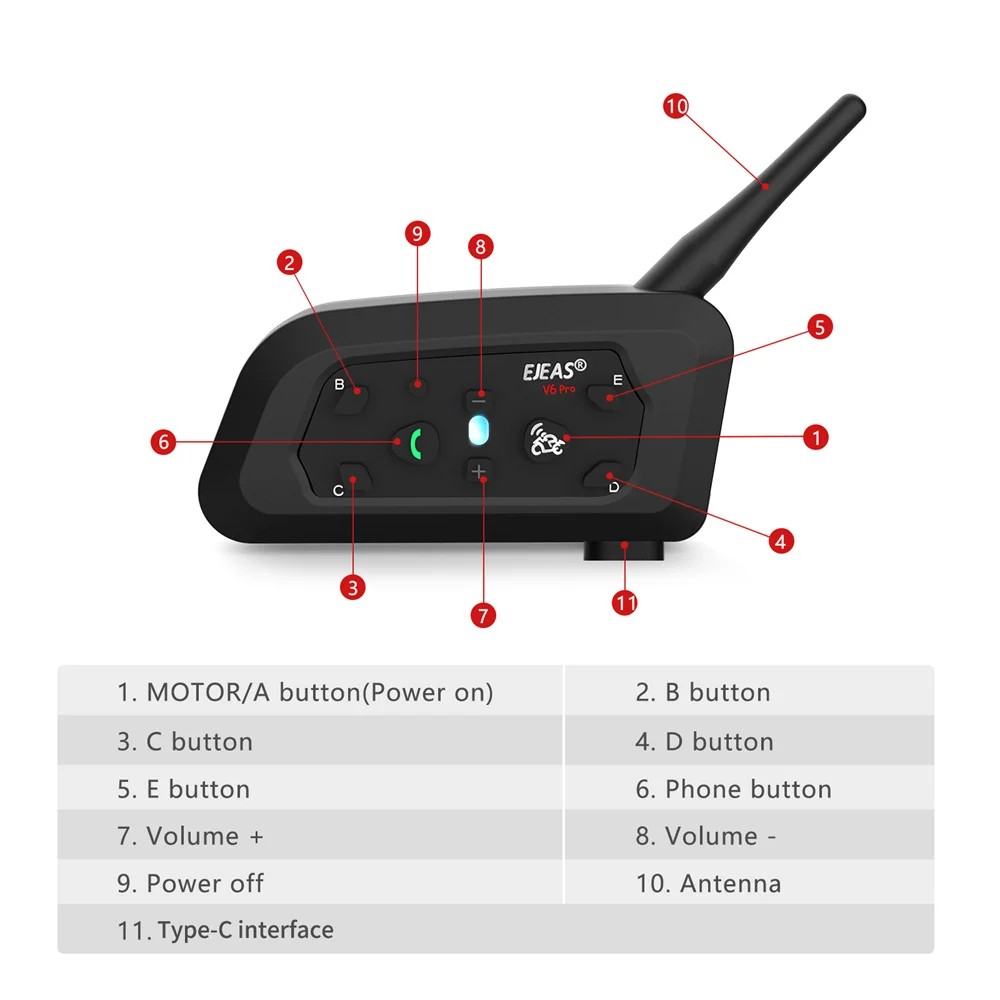 2PCS EJEAS V6PRO+ Motorcycle Intercom Bluetooth 5.1 1200m 8h Battery Waterproof