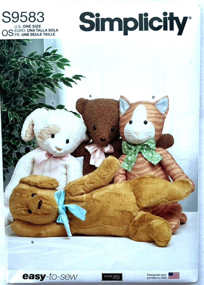 Simplicity S9583/R11524  Sewing Pattern Poseable Plush  27" Bear, Dog, Cat
