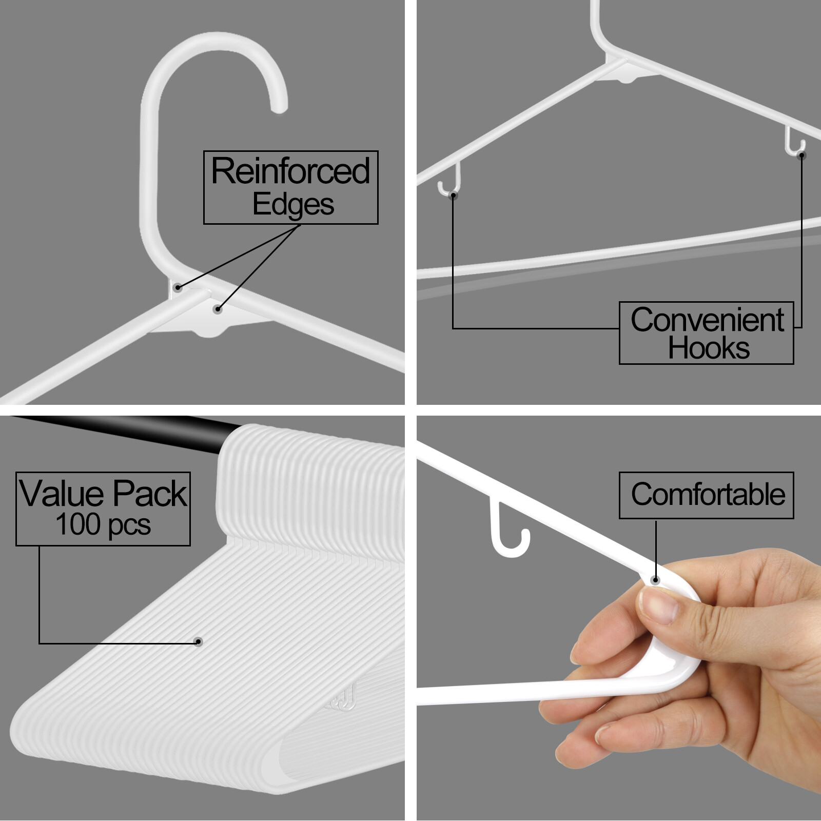 100 Pack Plastic Hangers Standard Thick Clothes Hangers with Double Hooks White