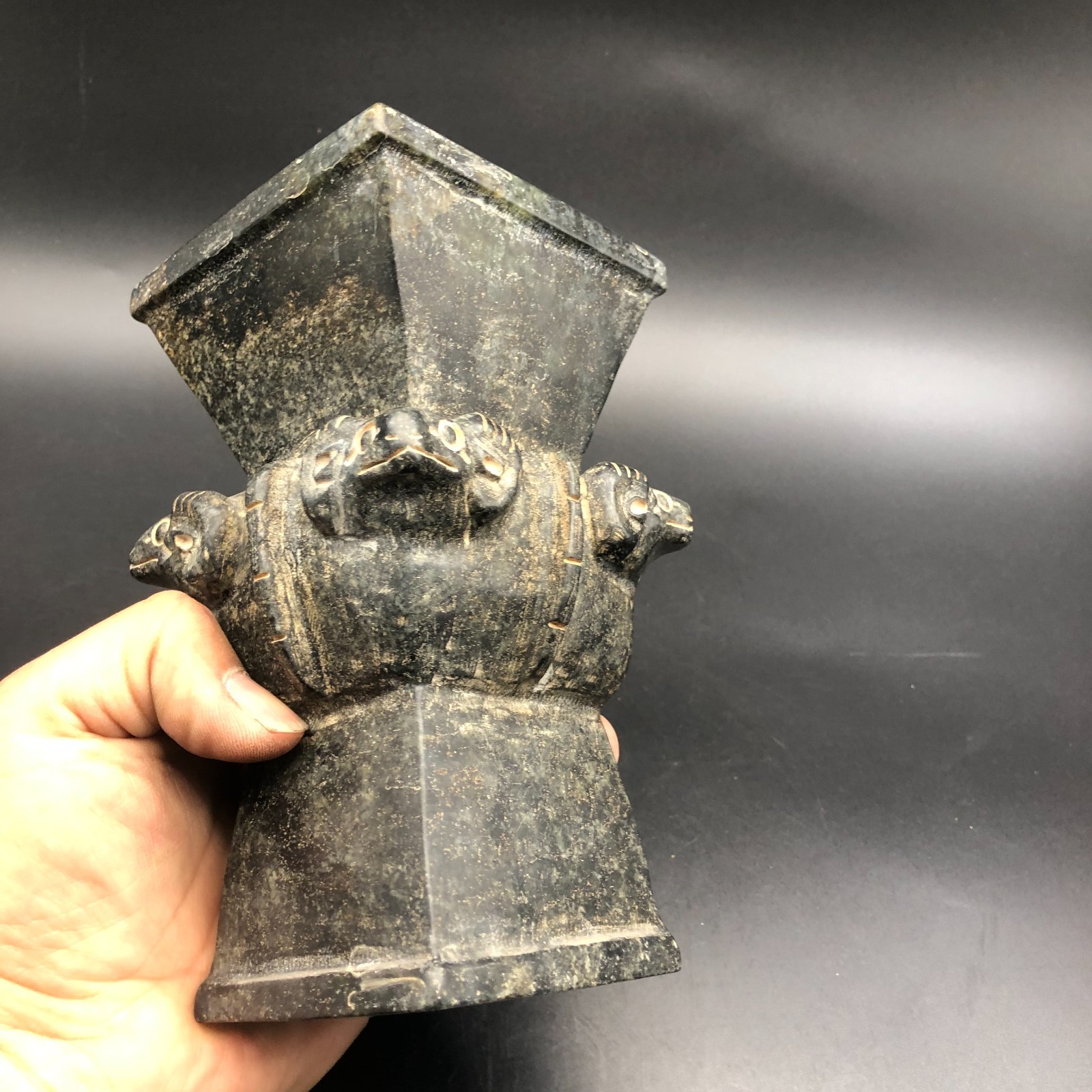 Old HongShan Culture Meteorite Jade Hand-Carved Sheep Head Vessel