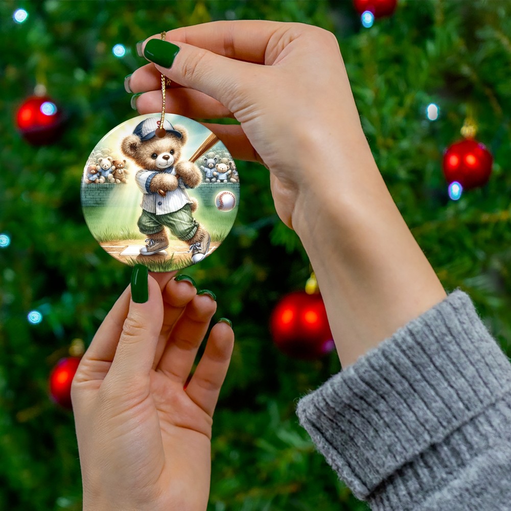 Watercolor Baseball Teddy Bear Ceramic Ornament
