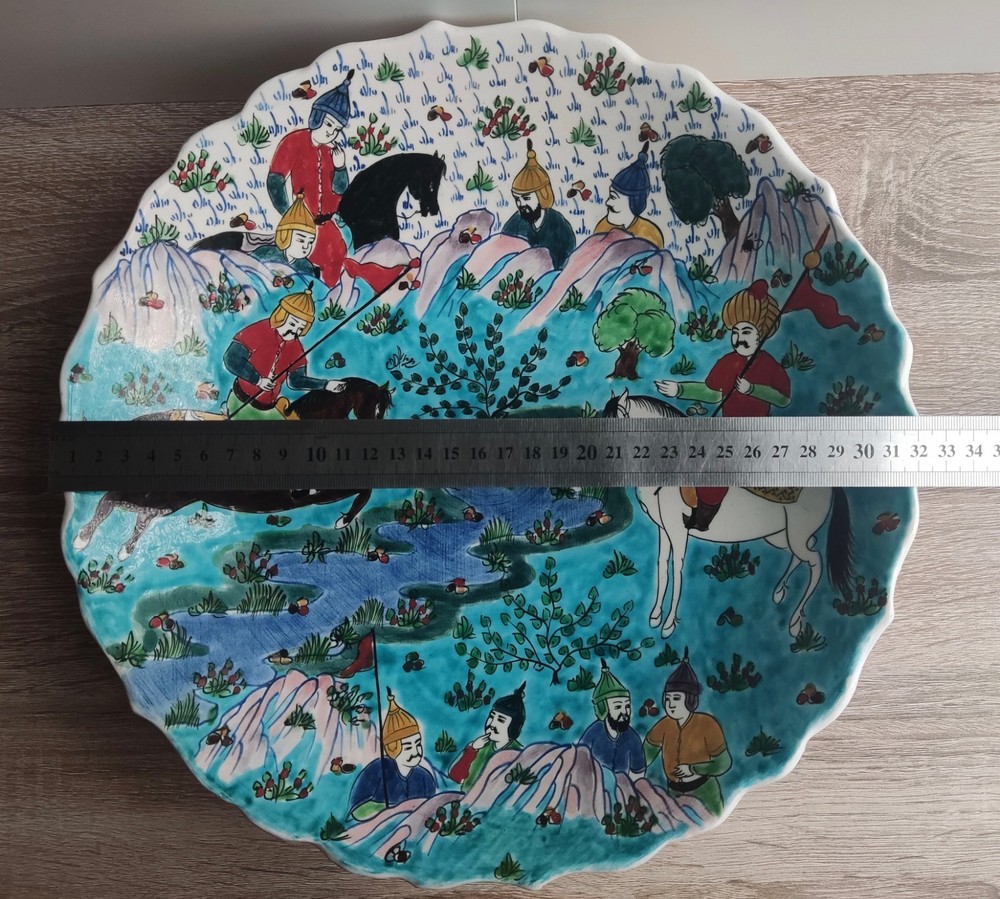 Large vintage painted ceramic plate. Turkey. Signed.