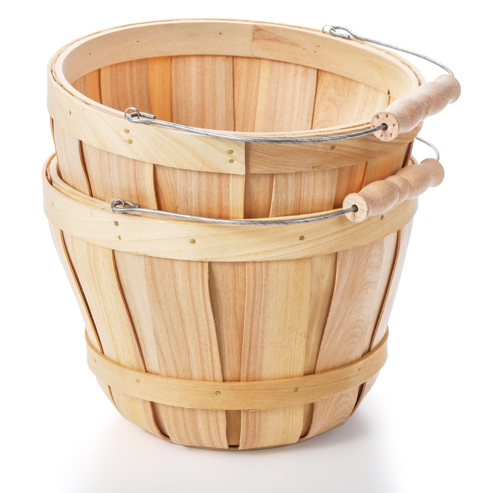 2 Pack Round Wooden Baskets With Handle Empty Fruit Buckets Natural Decor Bin