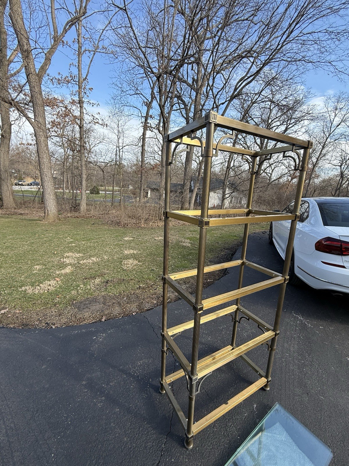 VINTAGE JANSEN STYLE ETAGERES WITH REEDED BRASS AND GLASS