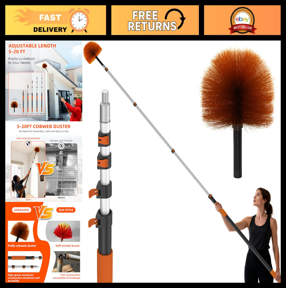 26FT Telescoping Cobweb Duster with Extension Pole - Washable, Reusable, Ideal f