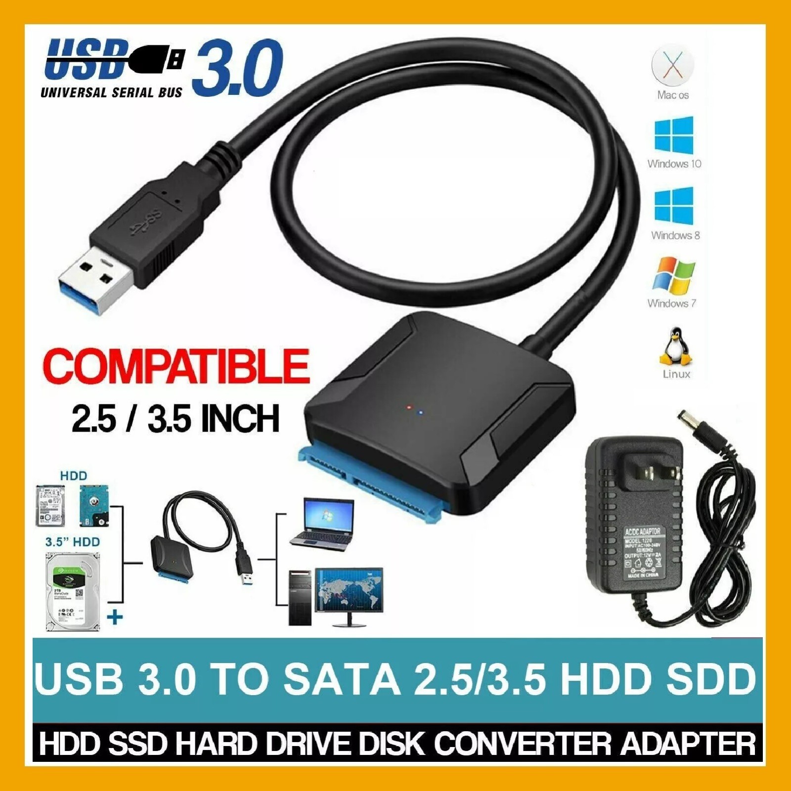 USB 3.0 to SATA External Hard Drive Reader 2.5" 3.5" HDD SSD Power adapter LOT