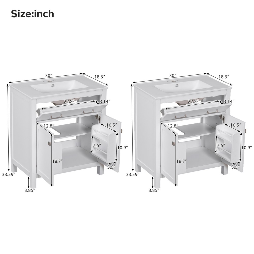 60" Modern Bathroom Vanity Set with Double Vanities，Double Ceramic Sinks White