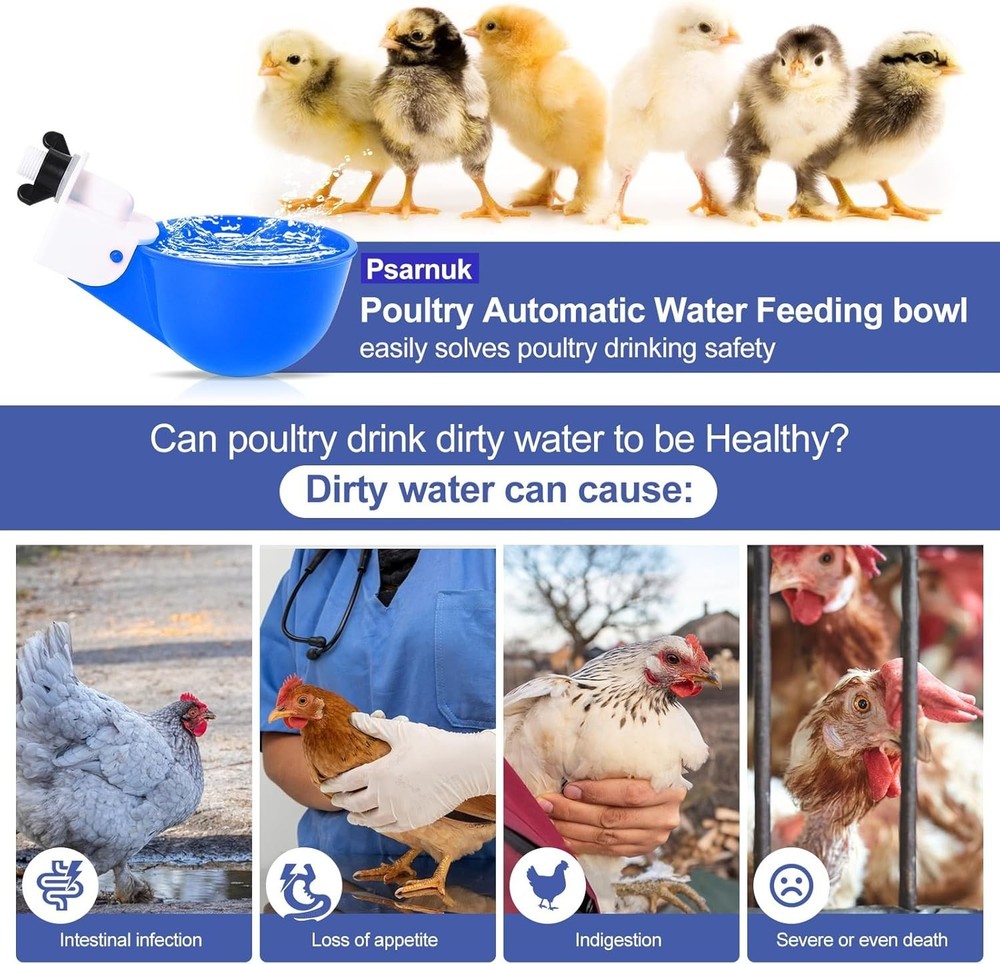 Reliable Automatic Poultry Waterer System - 8 Blue Cups for Consistent Hydration