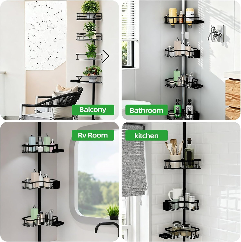 Adjustable 4-Tier Corner Shower Caddy with No-Drill Installation, Black