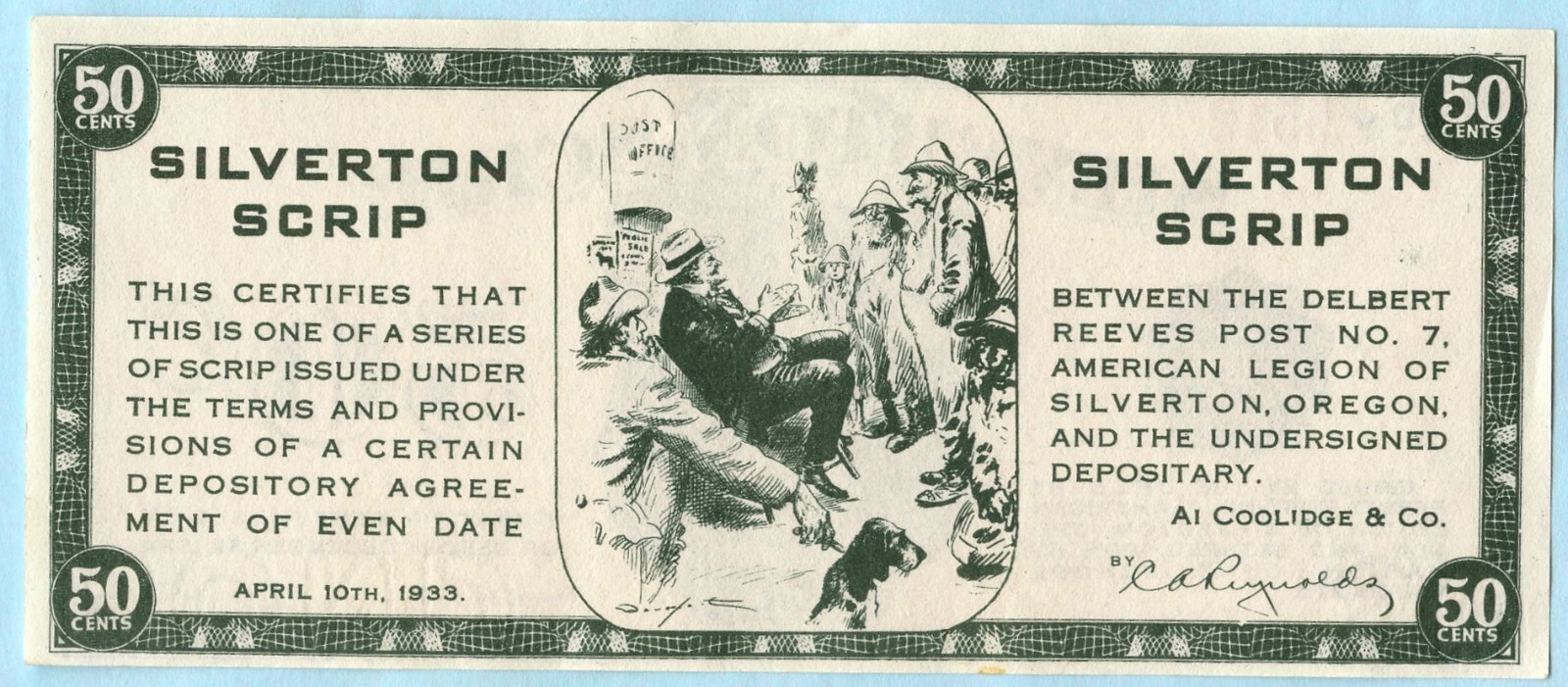 1933-34 50¢ "WATERFALL NOTE" SILVERTON OREGON DEPRESSION SCRIP