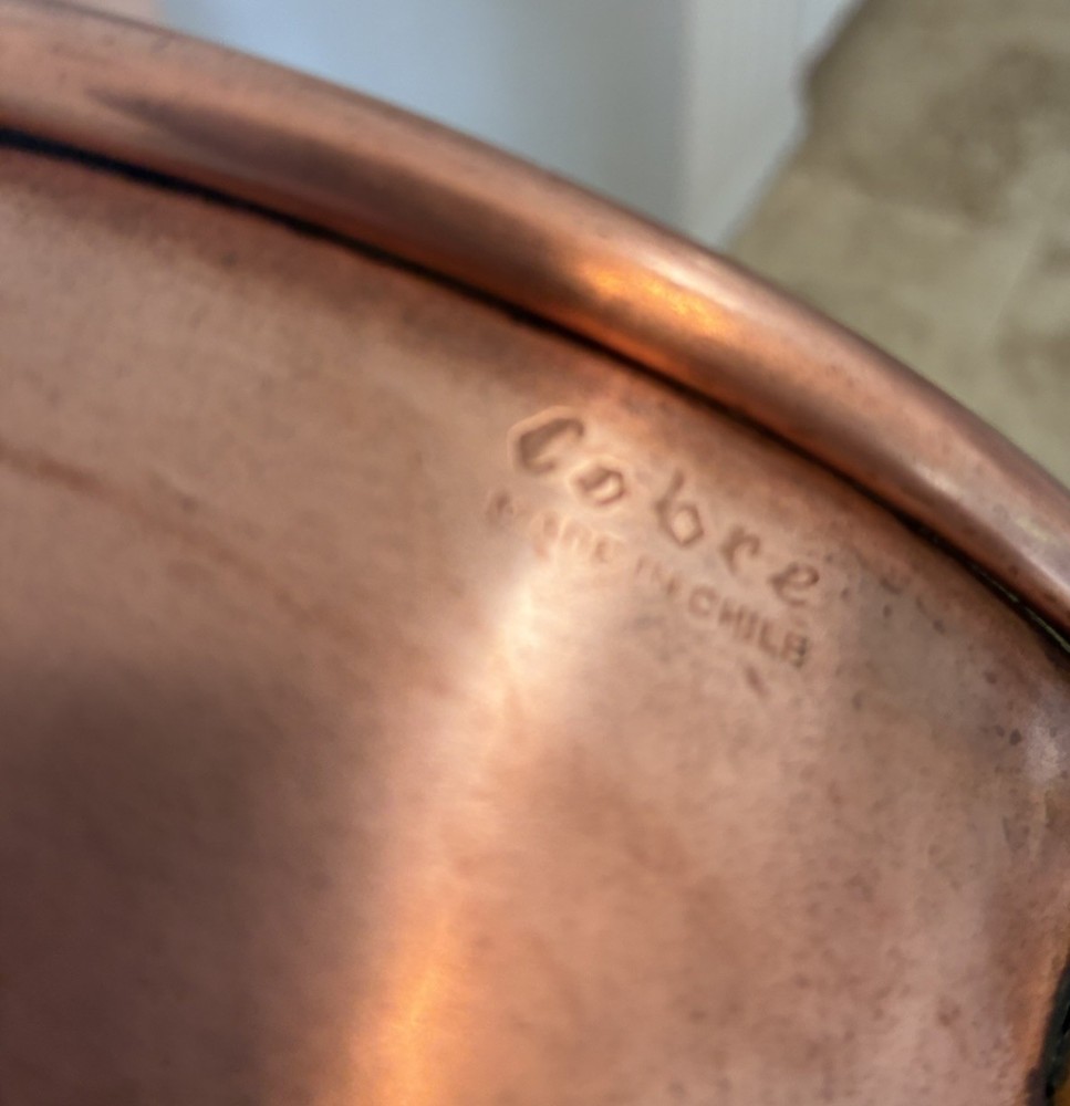 Large 9” Copper colander Cobre Chili solid Brass Accents Signed 6.5” Handle