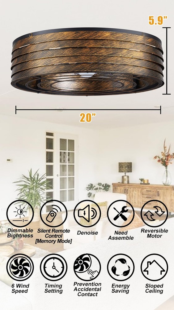20'' Flush-Mount Smart Ceiling Fan with Dimmable-Light and Memory Remote APP/...