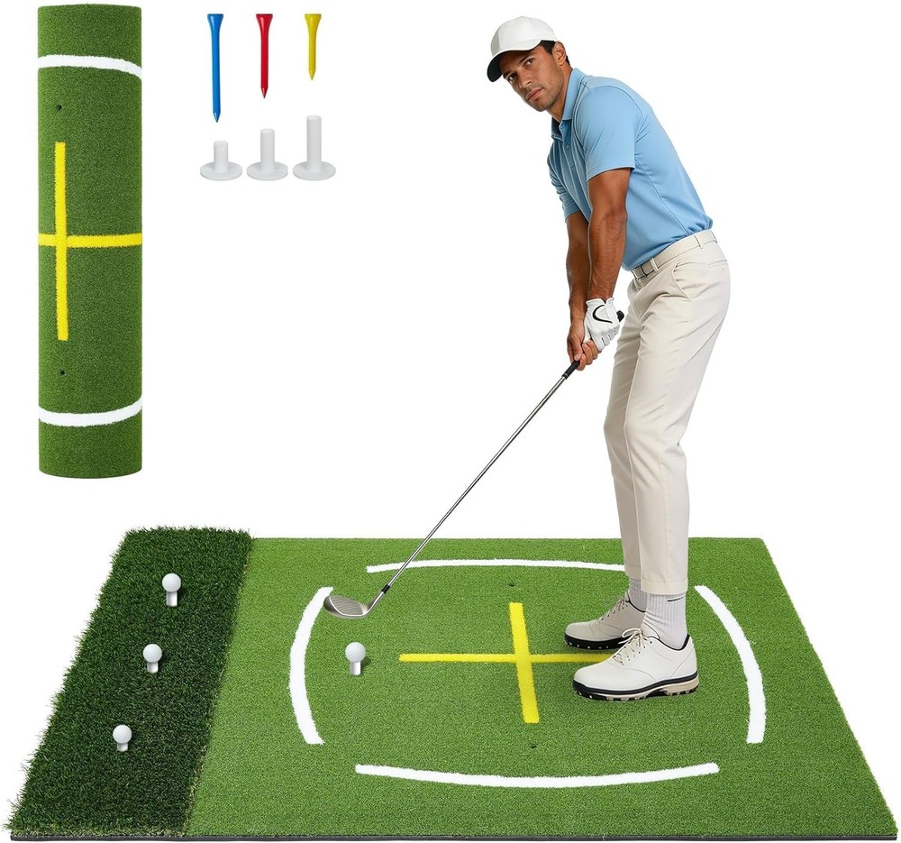 5x4ft Golf Hitting Mat Dual-Turf, Practice Mat with Stance Guide & Swing Paths