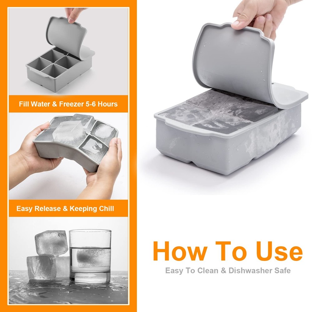 Nax Caki Large Ice Cube Tray with Lid, Stackable Big Standard, Grey(1 Pack)