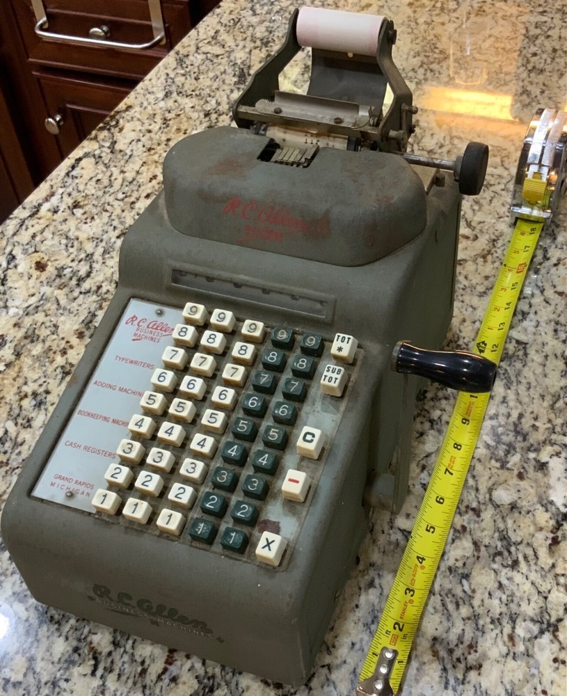 Vintage RC Allen Business Adding Machine Model Adding Machine with Hand Crank