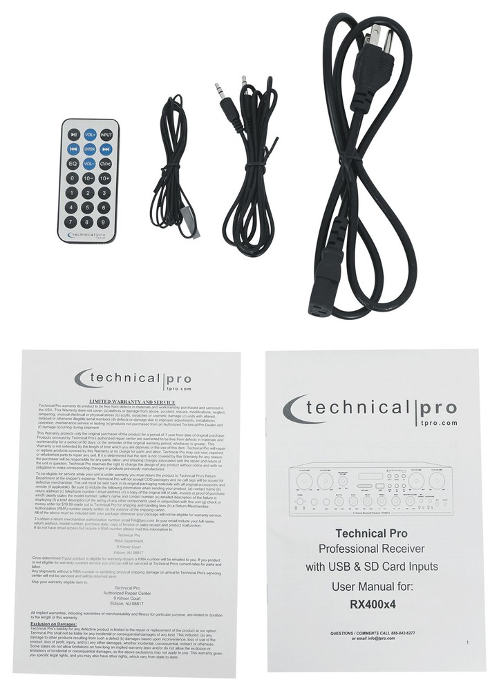 Technical Pro RX400X4 4 Channel 8 Speaker Bluetooth Home Receiver+Mic Inputs