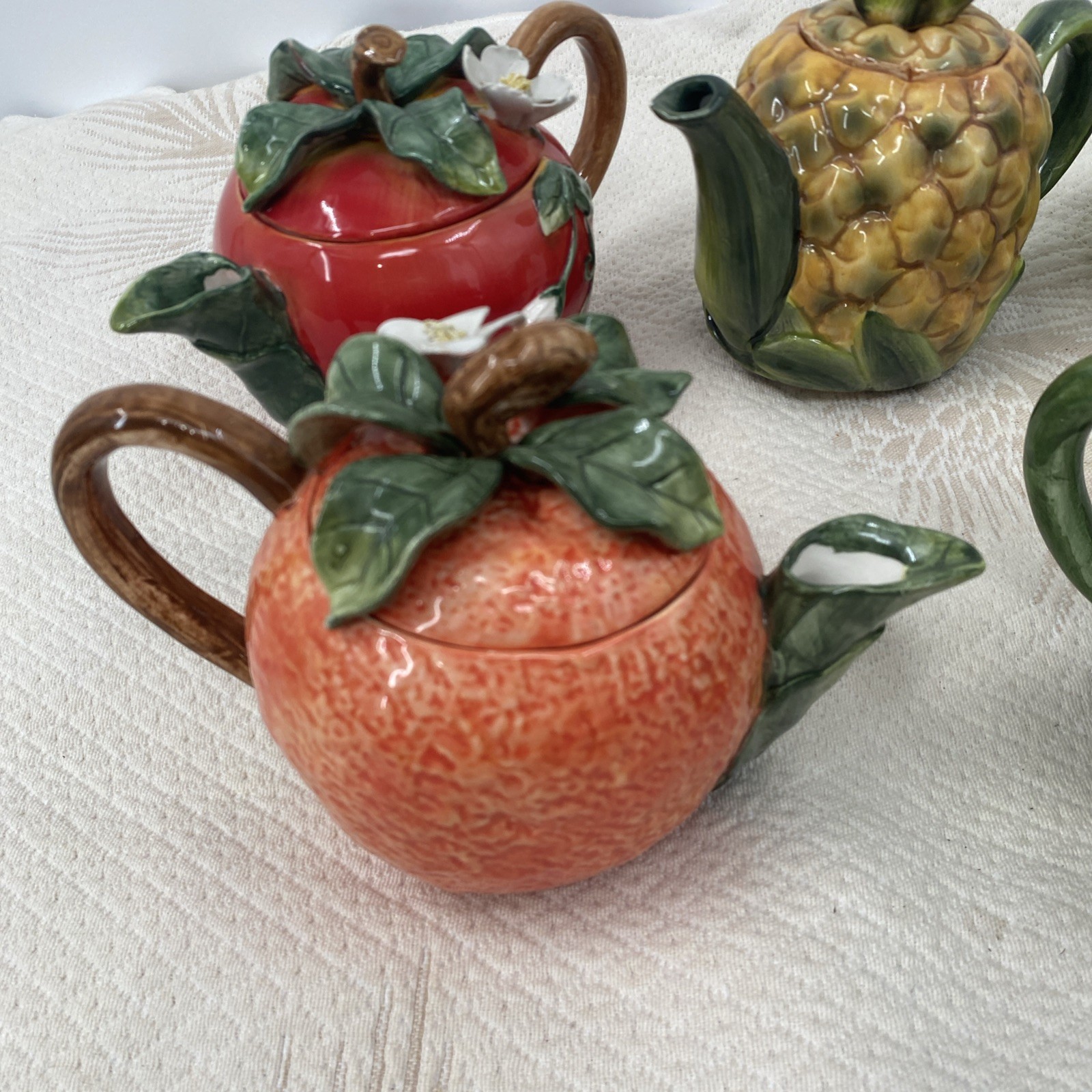 Vtg Lot 6 Ceramic Fruit Teapots: pair, Pineapple Peach Pomegranate & Watermelon