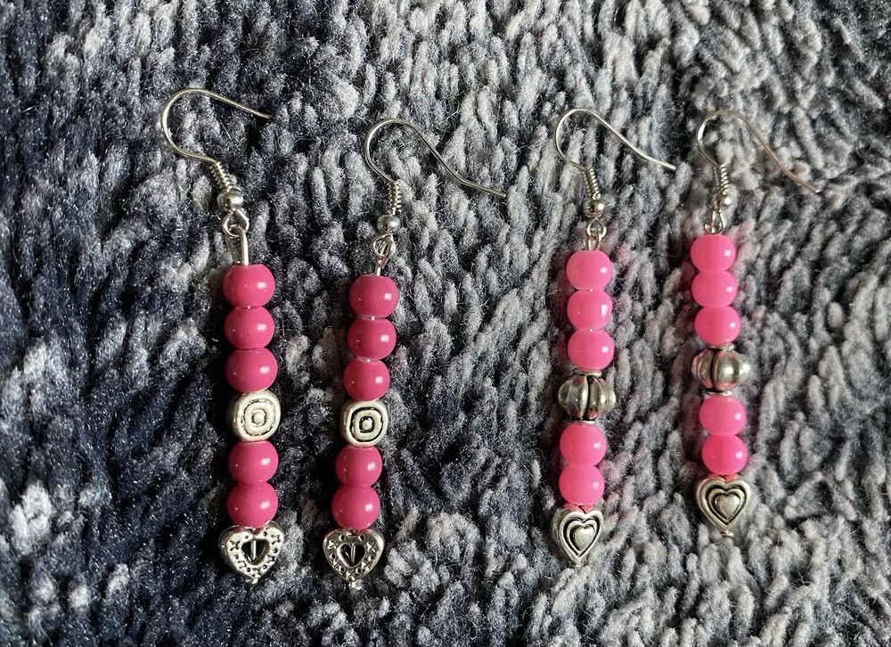 Handmade Pink & Silver Beaded Dangle Drop Earrings Set (2)