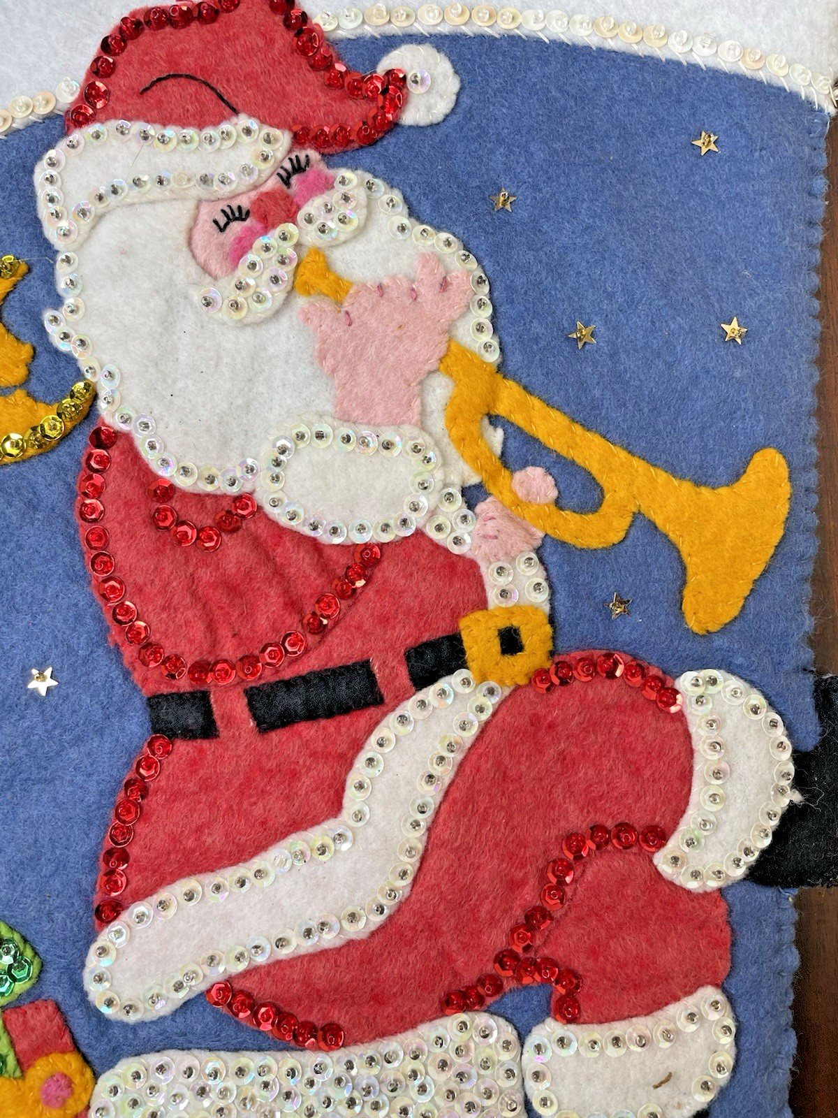 Vintage Name Rachel 3D Santa Claus Trumpet Music Bear Beaded Christmas Stocking