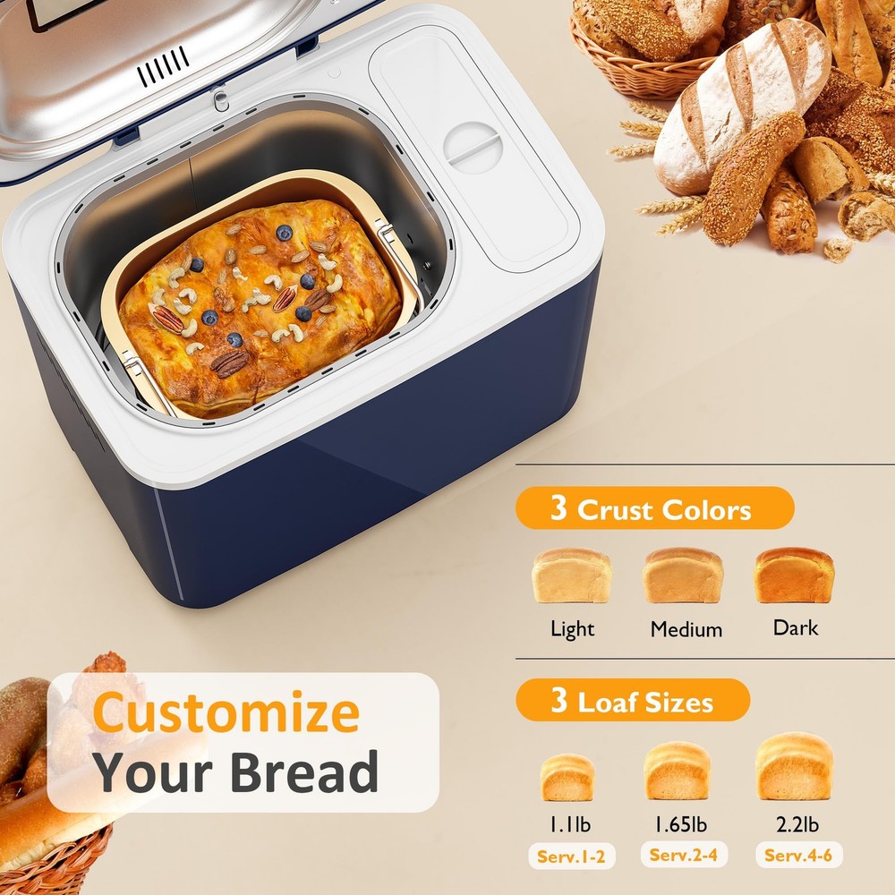 21-in-1 Programmable Bread Machine, 2.2LB Break Maker with Nonstick Pan & Dig...
