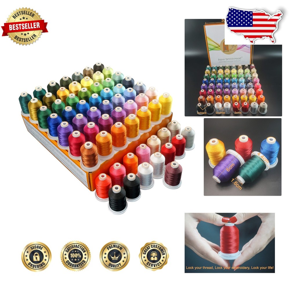 Professional 64 Spool Polyester Embroidery Thread Kit - 1100Y, Tangle-Free