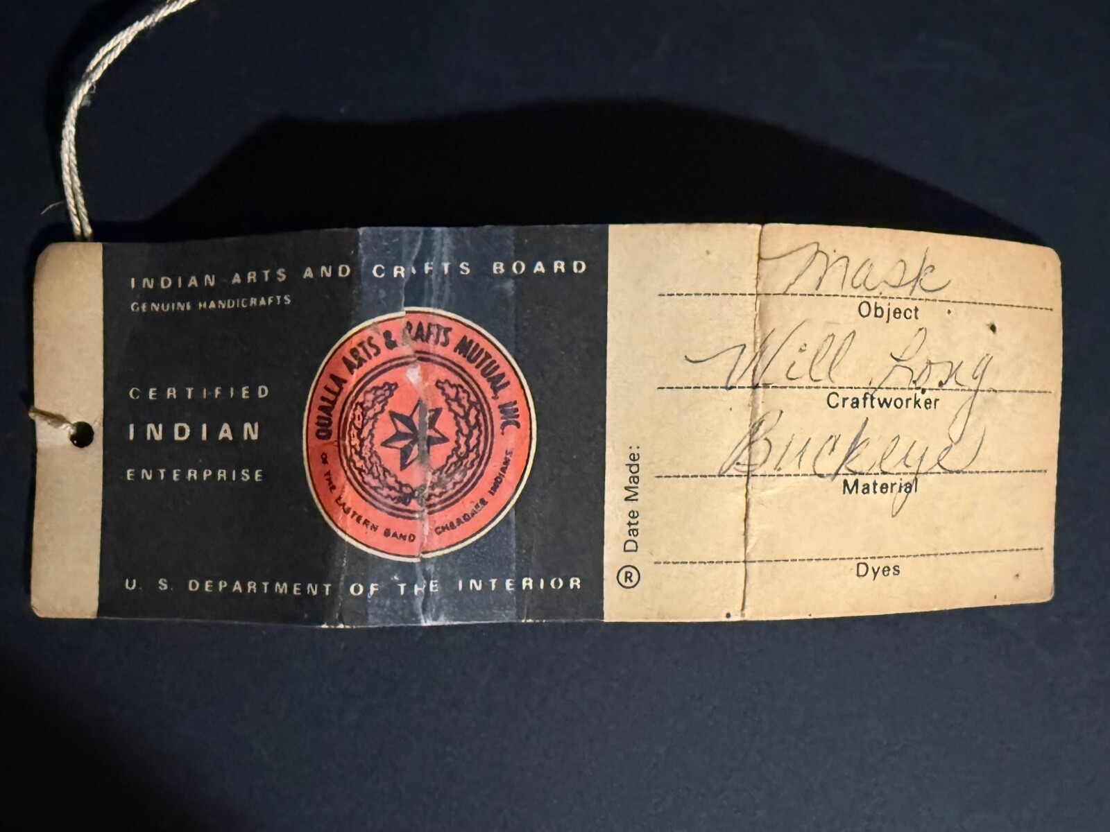 WILL LONG CHEROKEE BUCKEYE “WARRIOR” MASK, ORIGINAL QUALLA TAG, MINT!