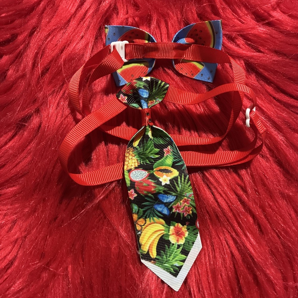2 X Fruit Pattern, Cat Or Dog, Adjustable Bow & Tie Set. Homemade.