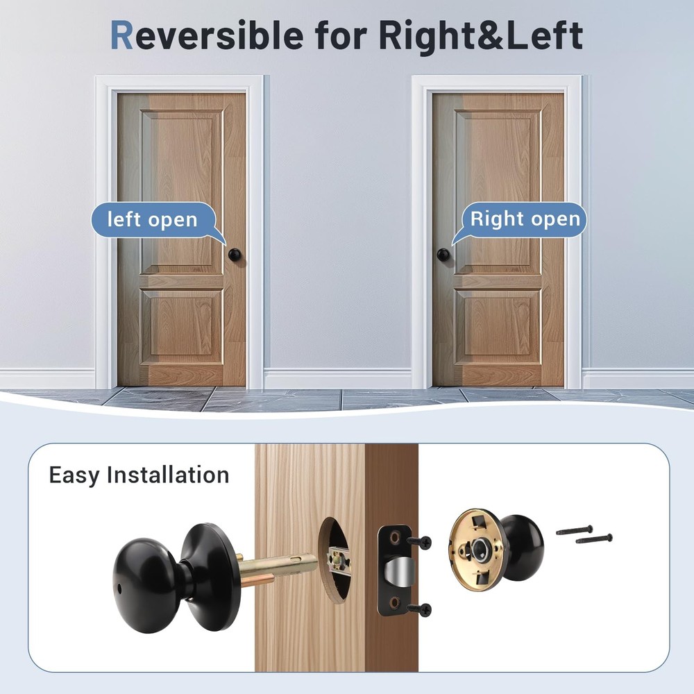 6 Pack Privacy Door Knob Matte Black, Round Interior Door Knobs for Bathroom ...