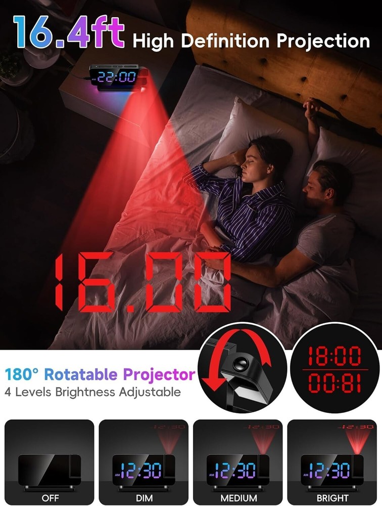 Projection Alarm Clock, Digital Clock with 180° Rotatable 3-Level Brightness