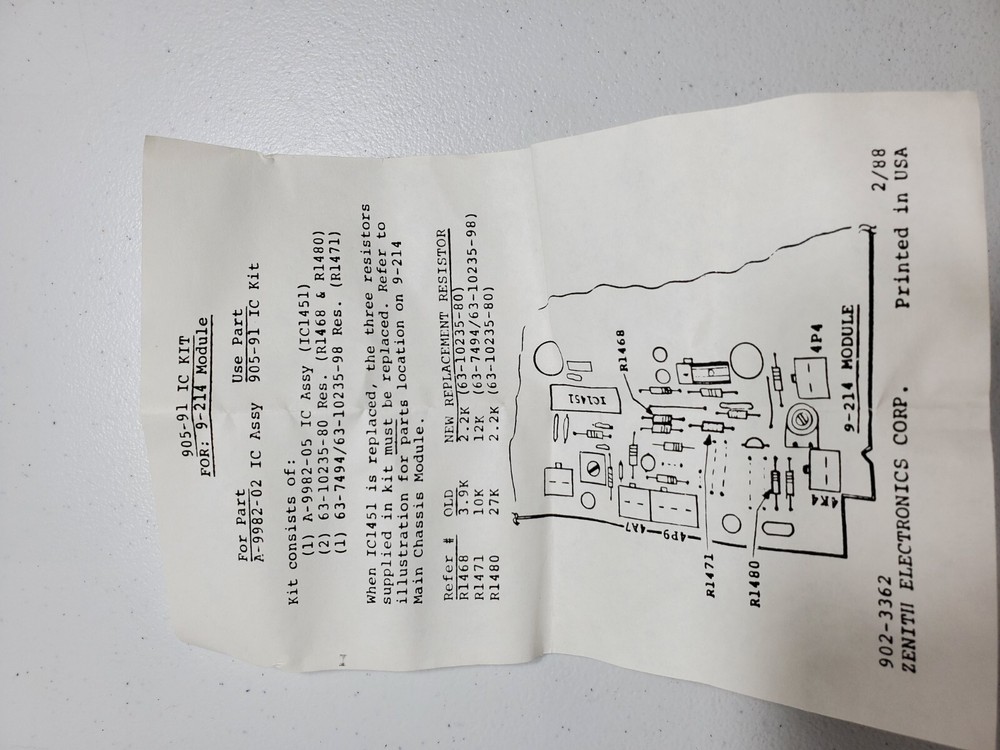 Vintage Zenith Replacement Part 905-91. B3/E23