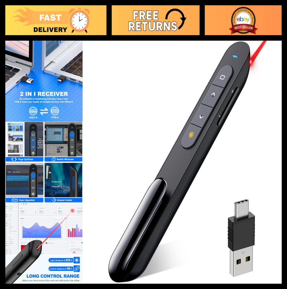 Wireless Presenter Remote Clicker with Red Pointer & Volume Control for PPT, Mac