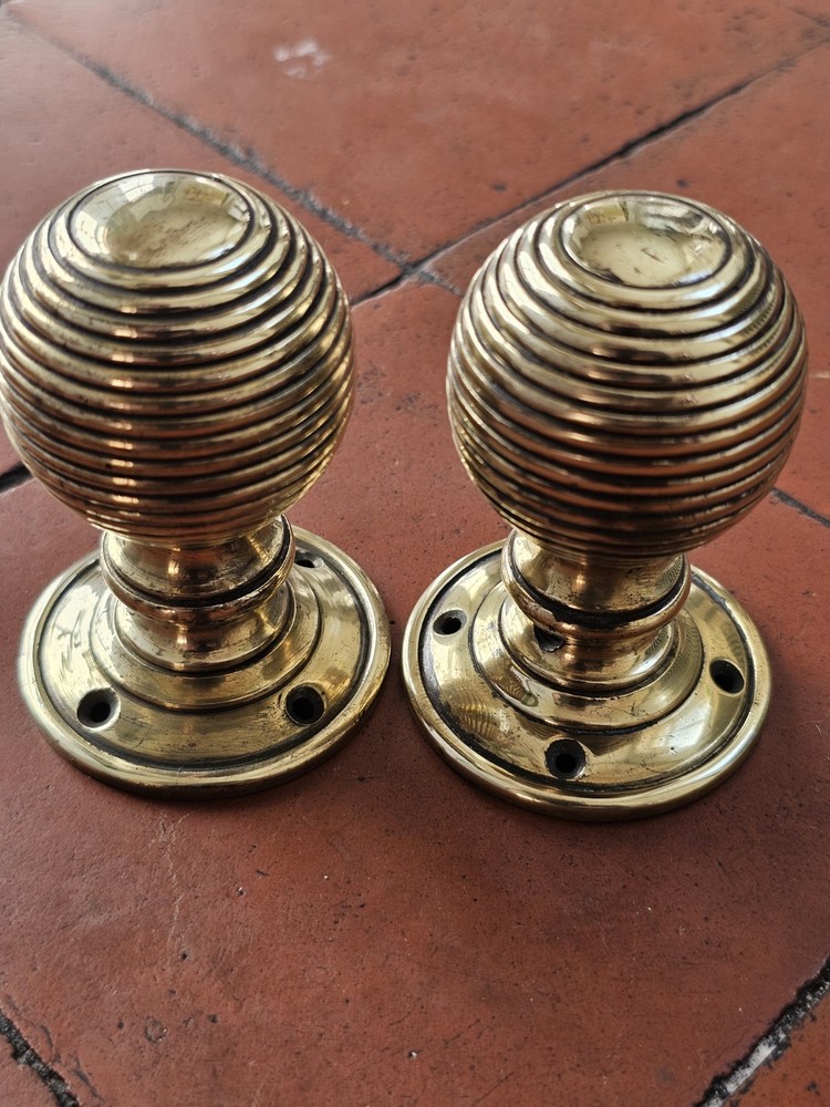 Antique original brass beehive mortice lock door knobs